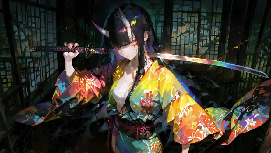 8k武士刀壁纸-彩色和服和彩色衣服-恶魔之角「哲风壁纸」