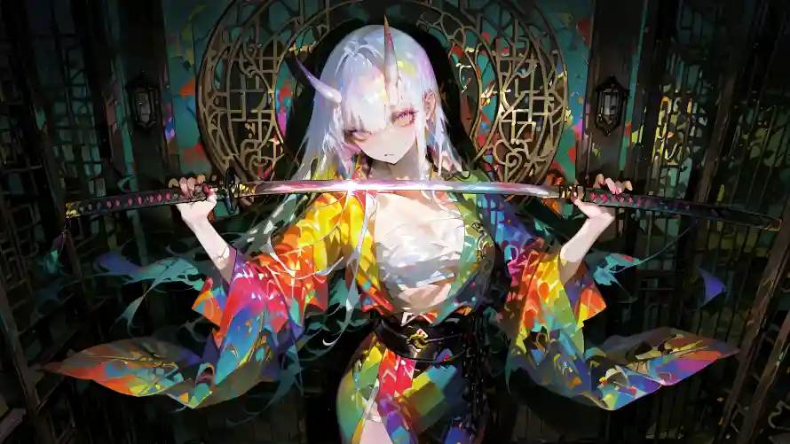 4k武士刀壁纸 - 彩色衣服 - 恶魔之角 - 白发女孩「哲风壁纸」