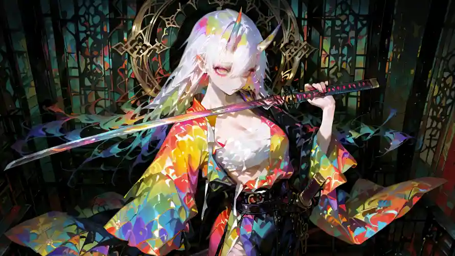 4k武士刀壁纸 - 哥特元素 - 彩色衣服 - 恶魔之角「哲风壁纸」
