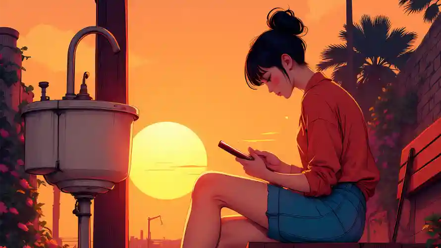 2k夕阳壁纸-夕阳插画和女孩-少女黄昏免费下载「哲风壁纸」