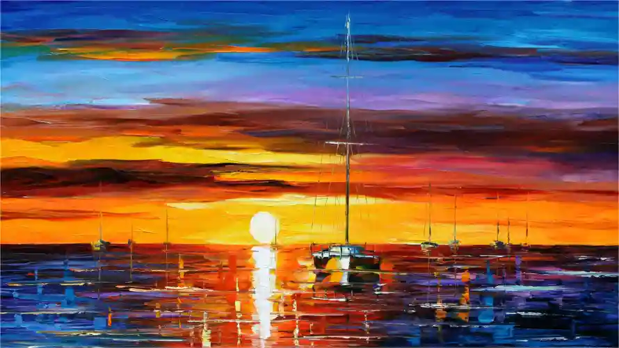 4k名画壁纸 - 油画 - 光影艺术 - 夕阳海面「哲风壁纸」