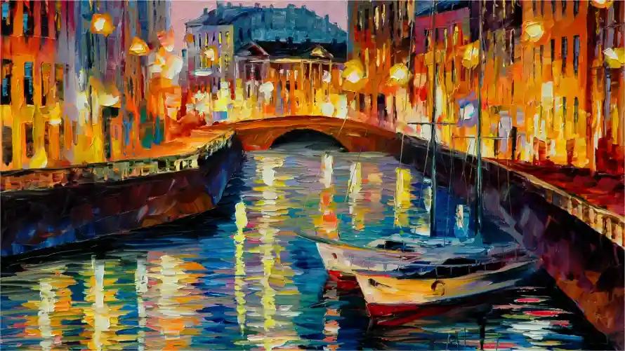 4k名画壁纸 - 油画 - 城市桥梁 - 夜景绘画「哲风壁纸」