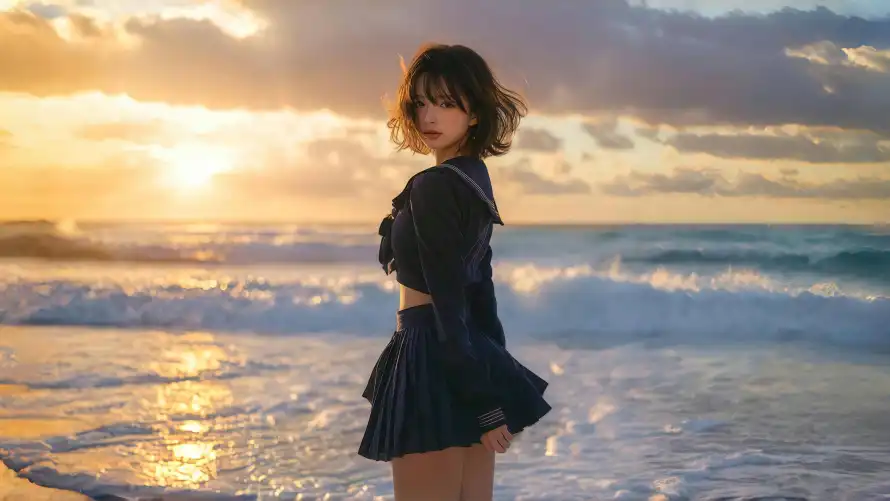 4kjk制服壁纸 - jk美女 - 侧脸写真 - 海边写真「哲风壁纸」
