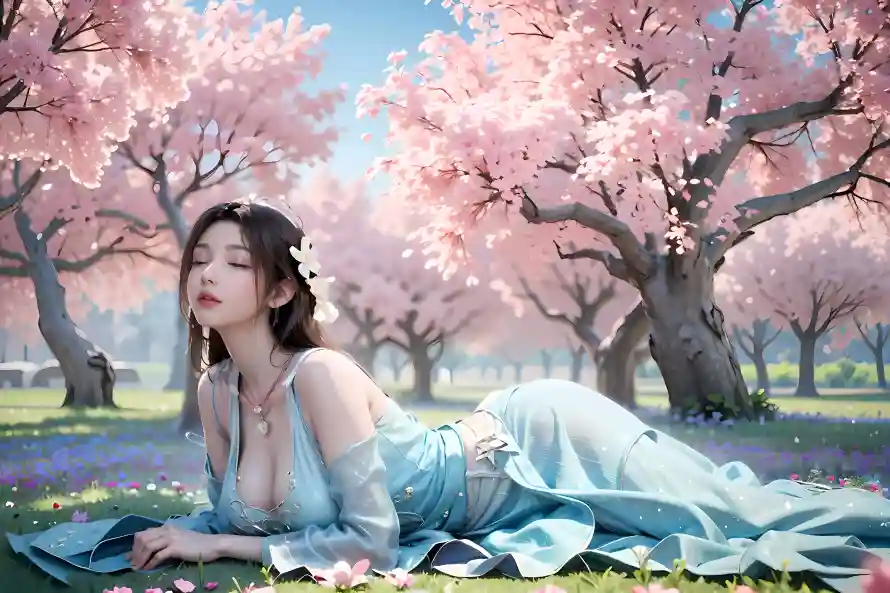 4k宋玉壁纸 - 樱花林 - 蓝裙美女 - 躺姿美女「哲风壁纸」 4k宋玉壁纸 - 樱花林 - 蓝裙美女 - 躺姿美女「哲风壁纸」