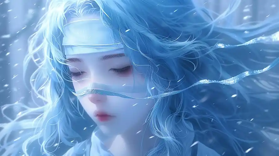 4k动漫壁纸 - 少女 - 蓝色 - 风雪「哲风壁纸」