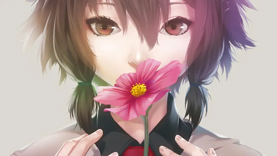4k动漫壁纸 - 女孩 - 持花 - 粉色花「哲风壁纸」