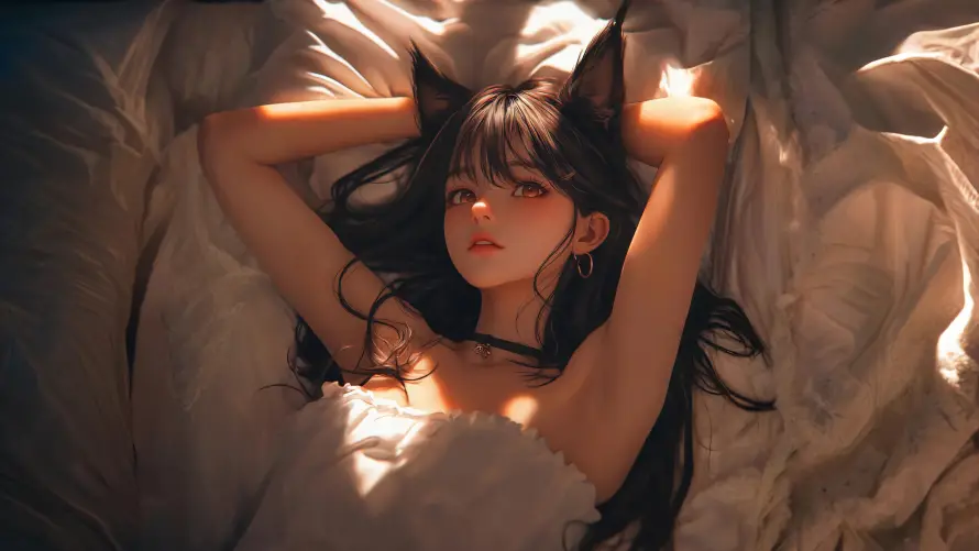 4k卧床壁纸-猫耳女孩和柔光-热门的壁纸「哲风壁纸」