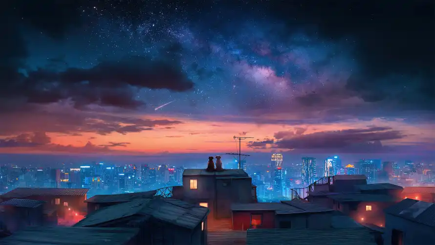 5k屋顶壁纸-城市夜景壁纸和星空-城市灯光免费下载「哲风壁纸」