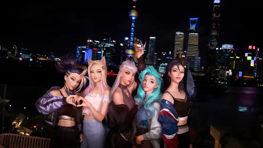 4k夜景壁纸-K/DA与上海外滩-游戏角色「哲风壁纸」