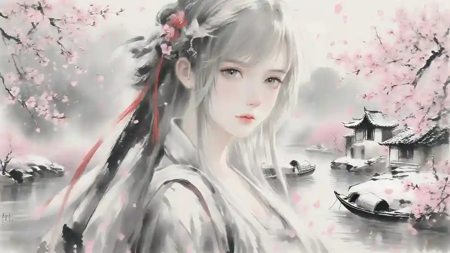 4k国风壁纸 - 樱花 - 美女 - 水墨画「哲风壁纸」