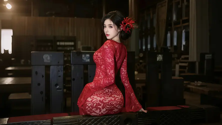 4k古风壁纸 - 古典美人 - 红色发饰 - 红衣美女「哲风壁纸」