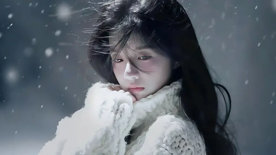 4k下雪壁纸 - 冬季雪景 - 毛衣美女 - 温柔气质「哲风壁纸」