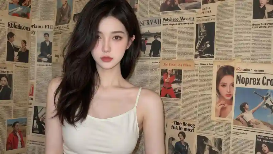 4k长发壁纸 - 报纸墙 - 吊带美女 - 复古背景「哲风壁纸」