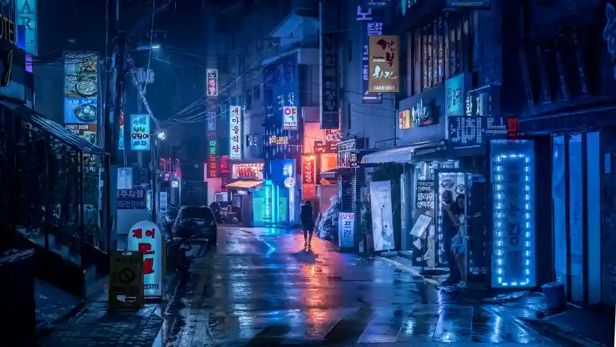 4k小巷街道壁纸 - 湿润地面 - 赛博朋克 - 雨夜街道「哲风壁纸」