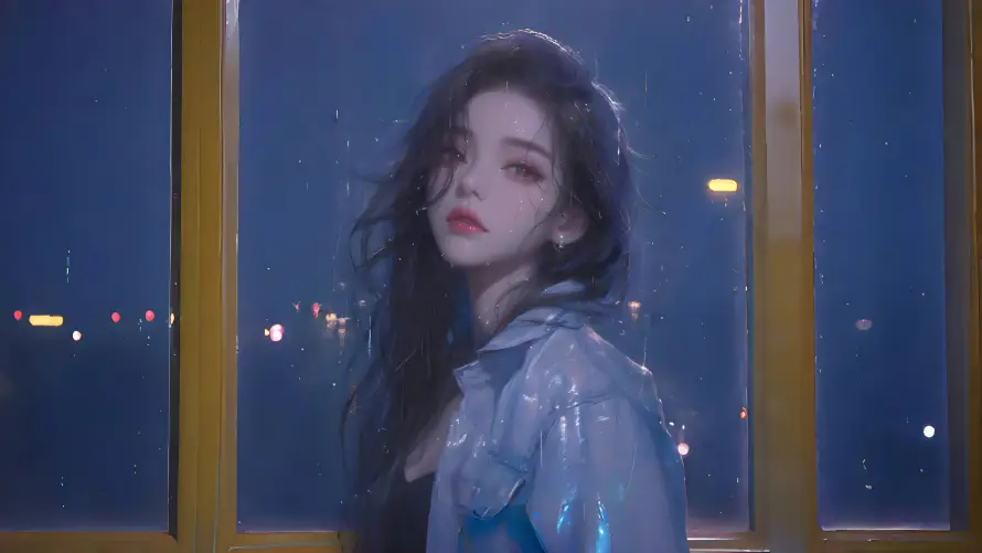 4k夜景壁纸-闪亮外套与灯光-雨夜窗边美女「哲风壁纸」