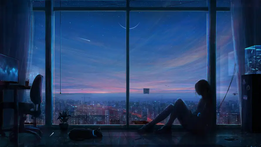 5k夜景壁纸-城市夜景和电脑壁纸-窗边人物「哲风壁纸」