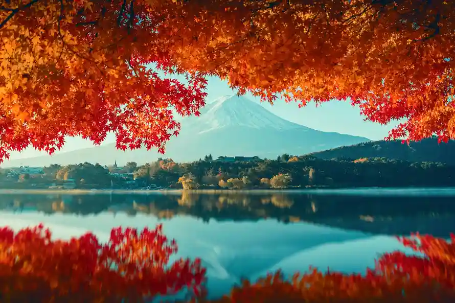 8k湖水壁纸-富士山与湖面倒影-秋天红枫「哲风壁纸」