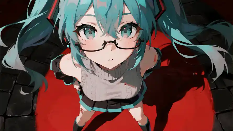 4k初音壁纸 - 眼镜 - 红黑 - 蓝发「哲风壁纸」