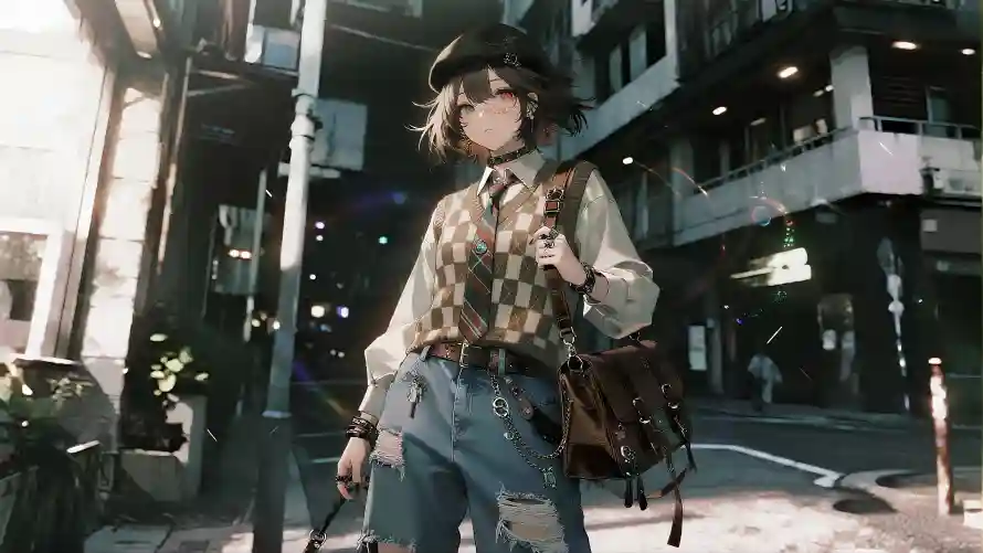 3k复古壁纸-贝雷帽与少女-格纹马甲壁纸分享「哲风壁纸」