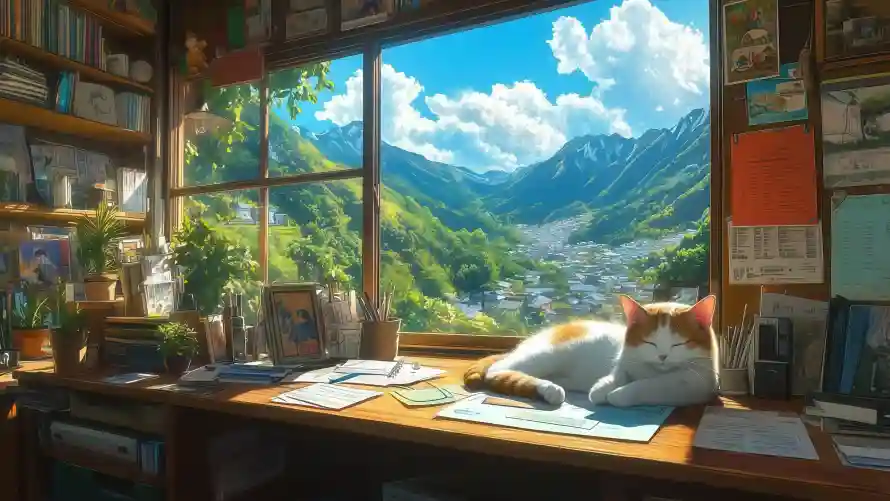 4k书架壁纸-橘花猫 - 阳光-书桌文具免费下载「哲风壁纸」