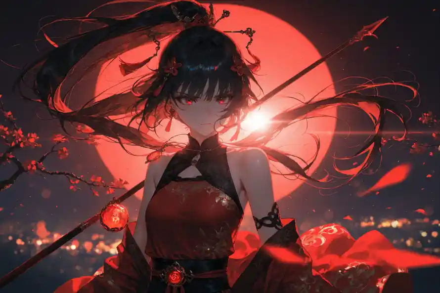 4k古风壁纸 - 女侠 - 樱花 - 满月「哲风壁纸」