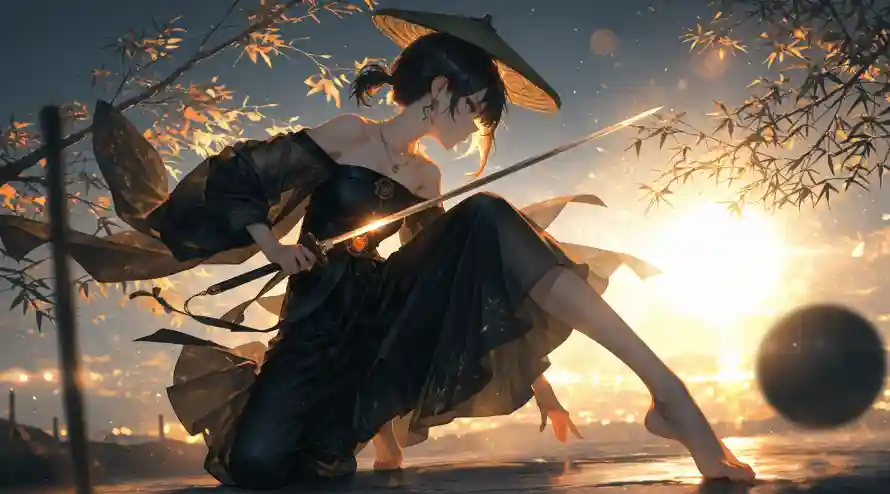 4k夕阳壁纸 - 女侠 - 持剑 - 斗笠「哲风壁纸」