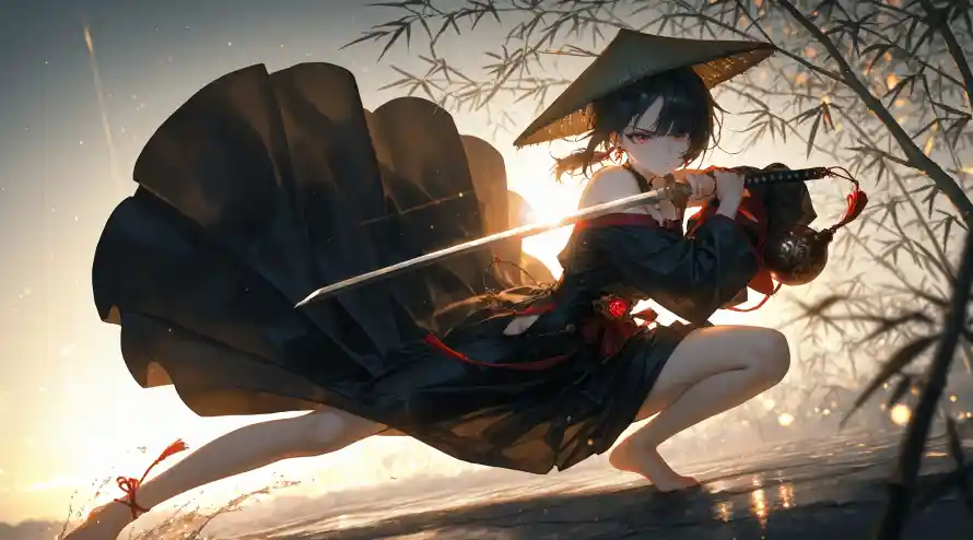 4k夕阳壁纸 - 女侠 - 斗笠 - 武侠「哲风壁纸」