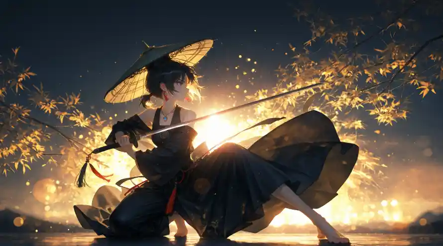 4k夕阳壁纸 - 女侠 - 斗笠 - 武侠「哲风壁纸」