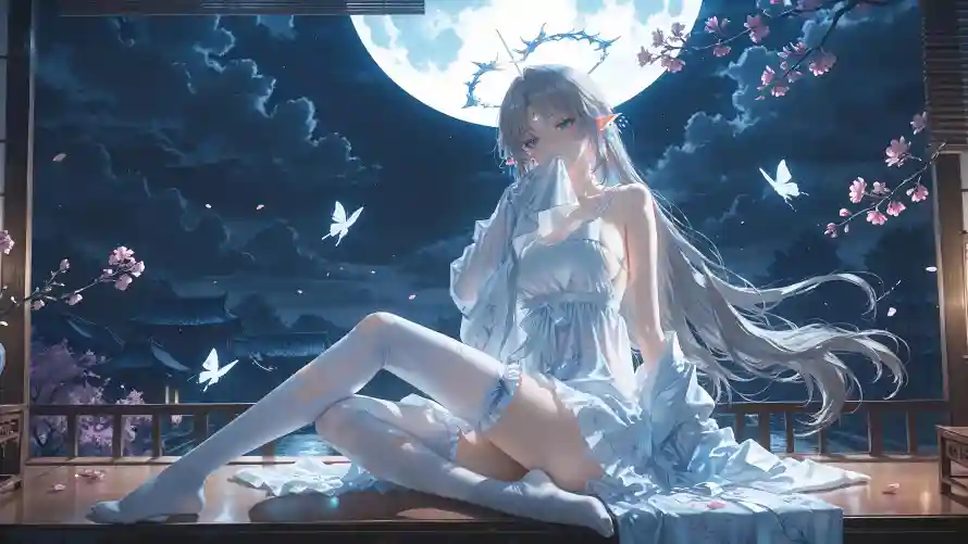 4k月夜壁纸 - 樱花 - 蓝裙 - 蝴蝶「哲风壁纸」