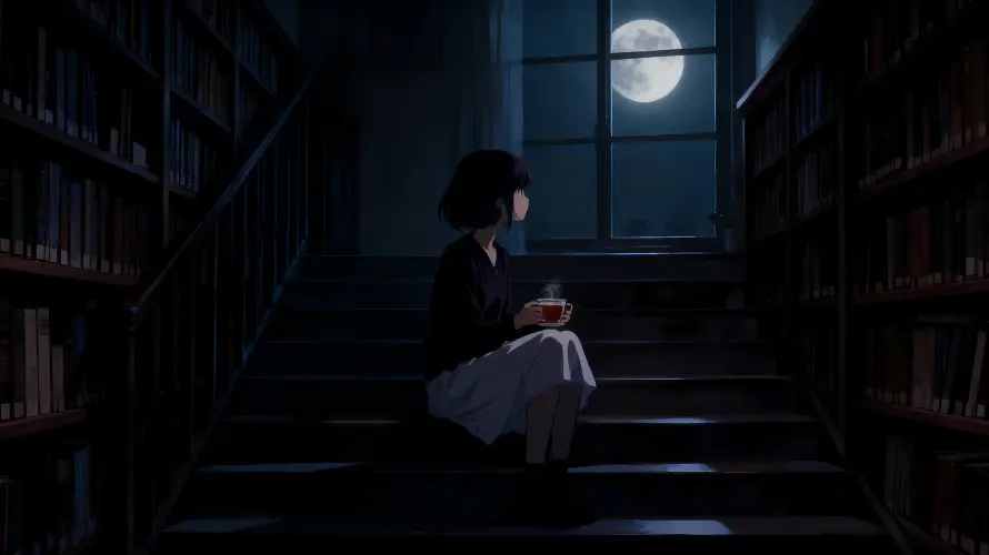 3k书架壁纸-动漫女孩和月夜-思考的女孩「哲风壁纸」