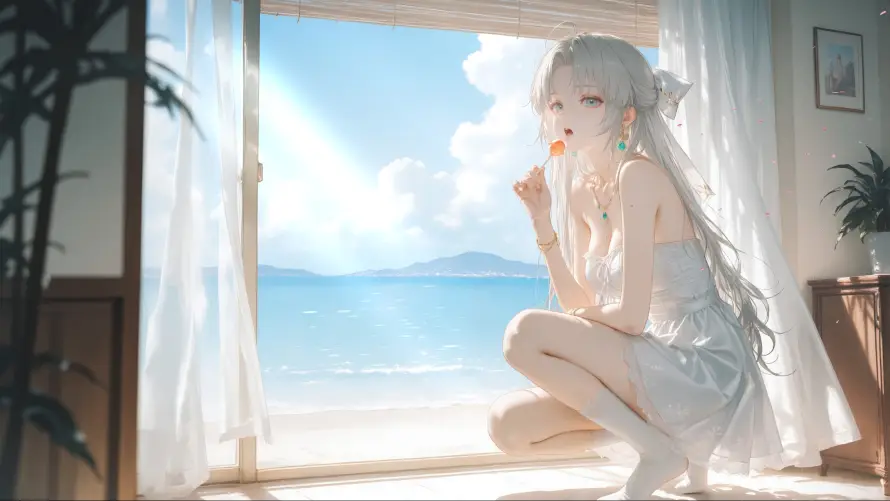4k动漫壁纸 - 海景 - 白发 - 白衣「哲风壁纸」