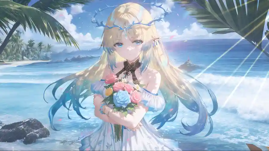 4k动漫壁纸 - 海滩 - 白裙 - 美女「哲风壁纸」