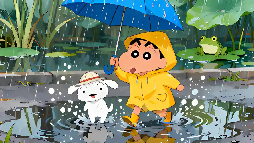 4k下雨壁纸 - 小白 - 荷叶 - 蓝色雨伞「哲风壁纸」