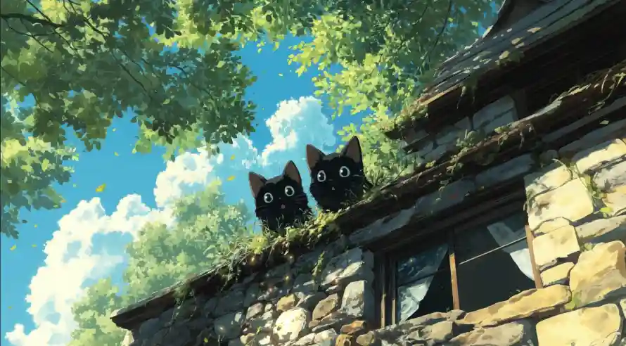 4k黑猫壁纸 - 猫 - 蓝天 - 房屋「哲风壁纸」
