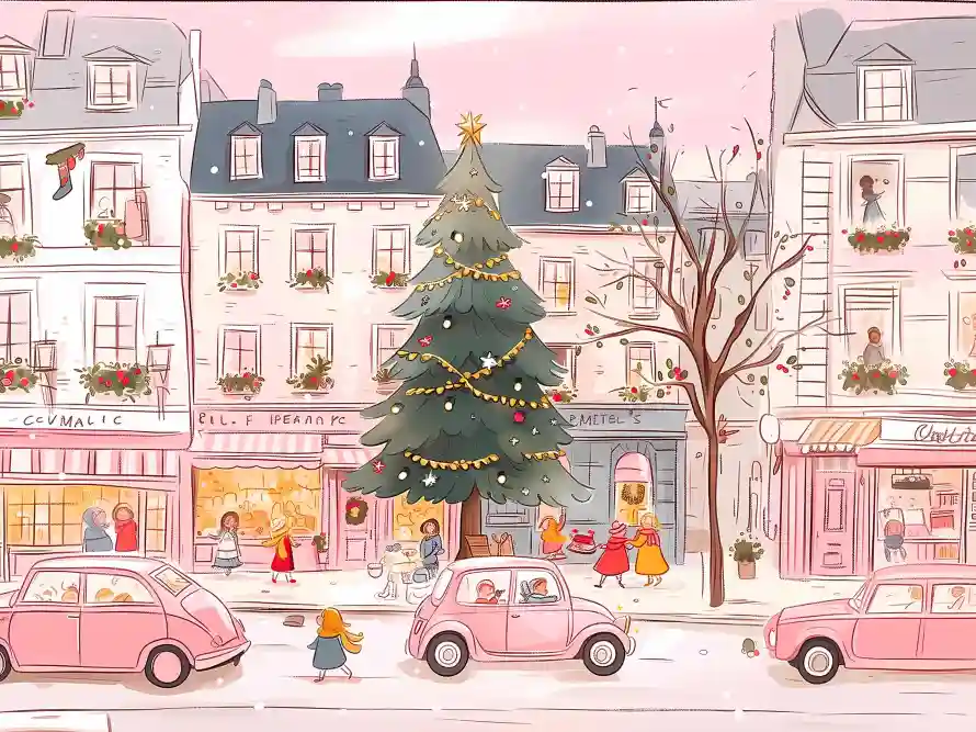 4k插画壁纸 - 行人 - 手绘风 - 圣诞街景「哲风壁纸」