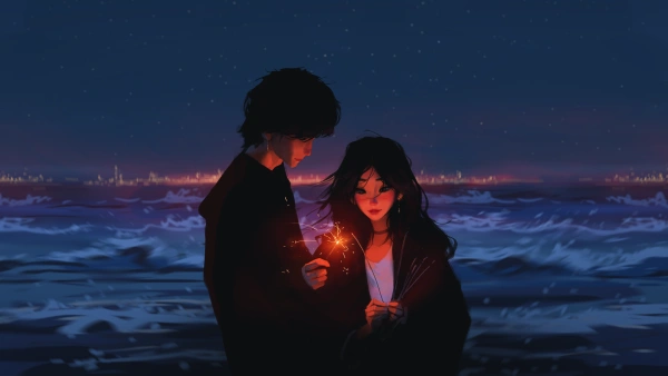 4k夜晚壁纸 - 情侣 - 波浪 - 海边「哲风壁纸」
