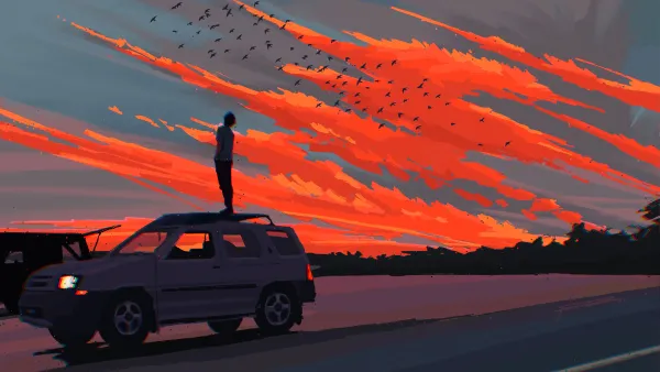 4k绘画壁纸 - 车 - 红色的天空 - wallpaper「哲风壁纸」