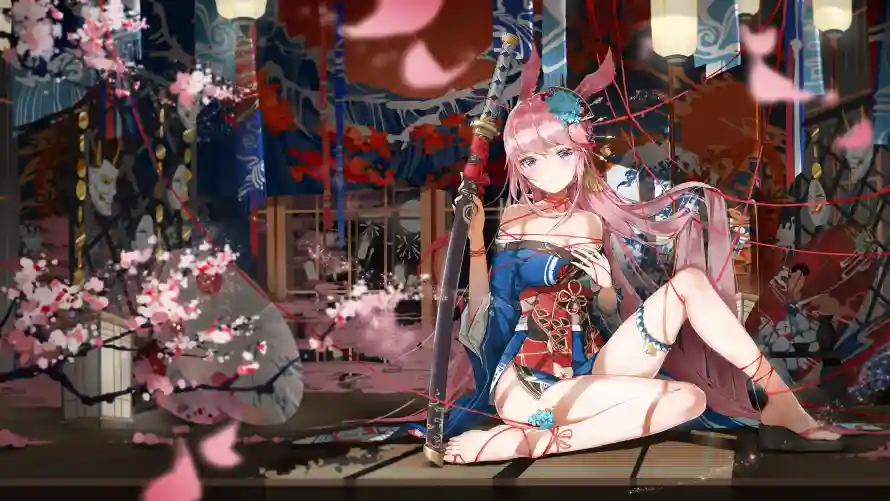4k花瓣壁纸 - 菩提 - 武士刀 - 动漫女孩「哲风壁纸」