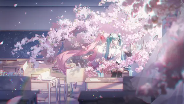 5k樱花壁纸-双马尾和花瓣-初音未来壁纸推荐「哲风壁纸」