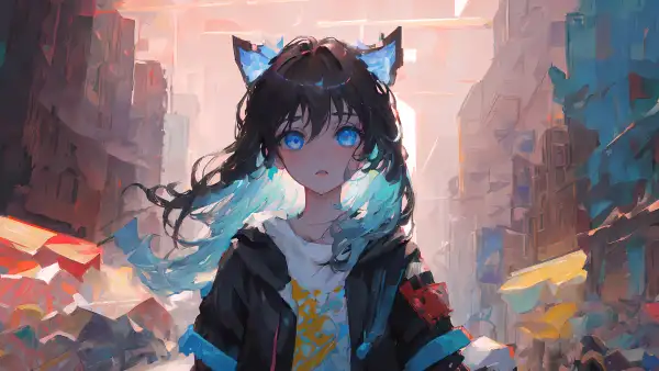 4k猫女壁纸 - 猫耳朵 - 蓝眼睛 - 动漫女孩「哲风壁纸」