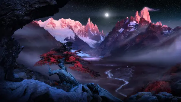 4k夜晚壁纸 - 山 - 树 - 河「哲风壁纸」