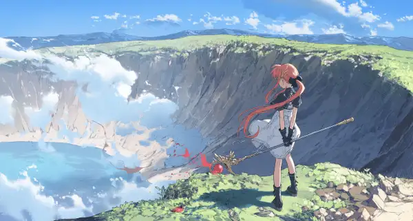 4k职员壁纸 - 长发 - 火山口 - 动漫女孩「哲风壁纸」