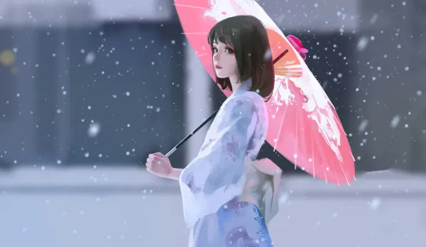 4k赖来壁纸 - 伞 - 雪 - 黑发「哲风壁纸」