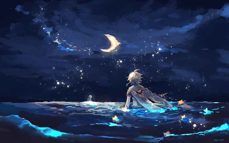 4k新月壁纸 - 水 - 星星 - 月亮「哲风壁纸」