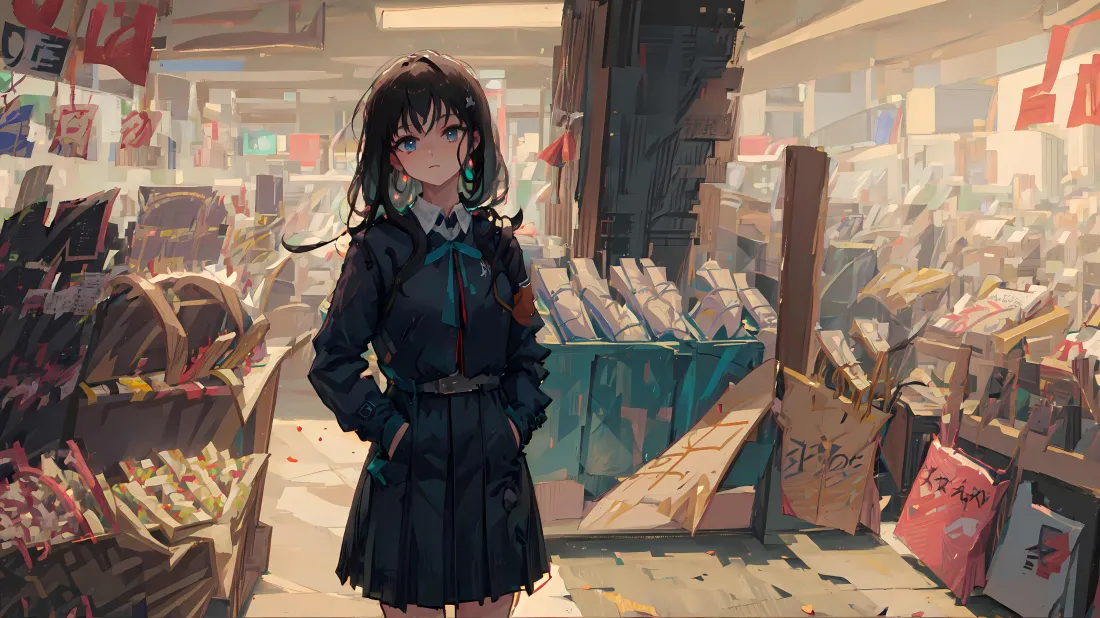 4k身穿制服的动漫少女在杂乱市场的壁纸 - 少女市场「哲风壁纸」
