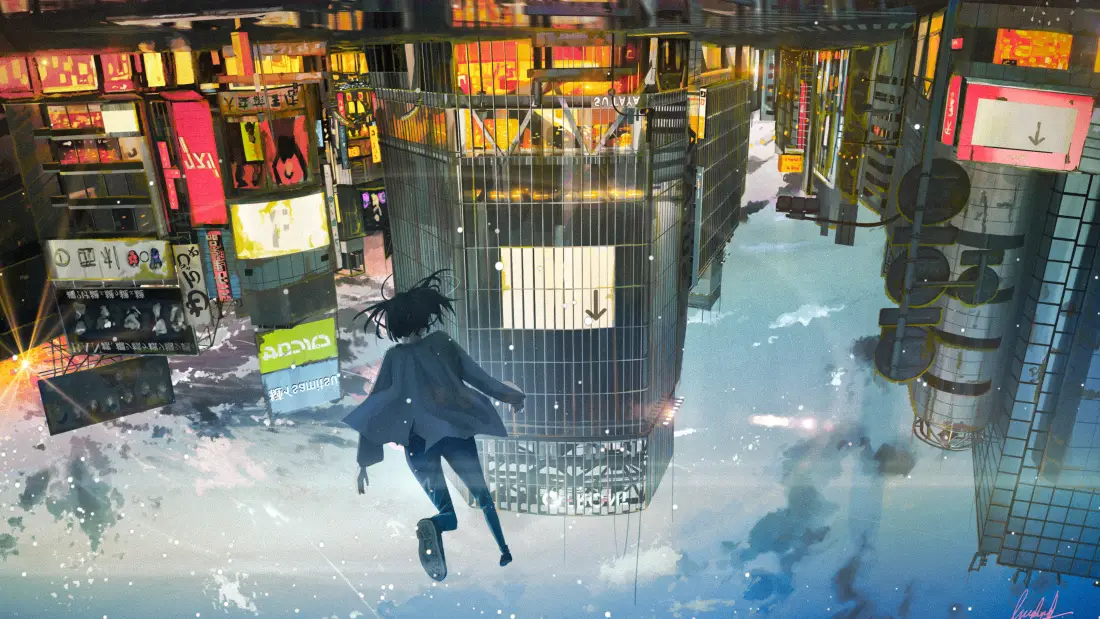 4k动漫倒影壁纸｜城市背景图片 - 人物漫步「哲风壁纸」