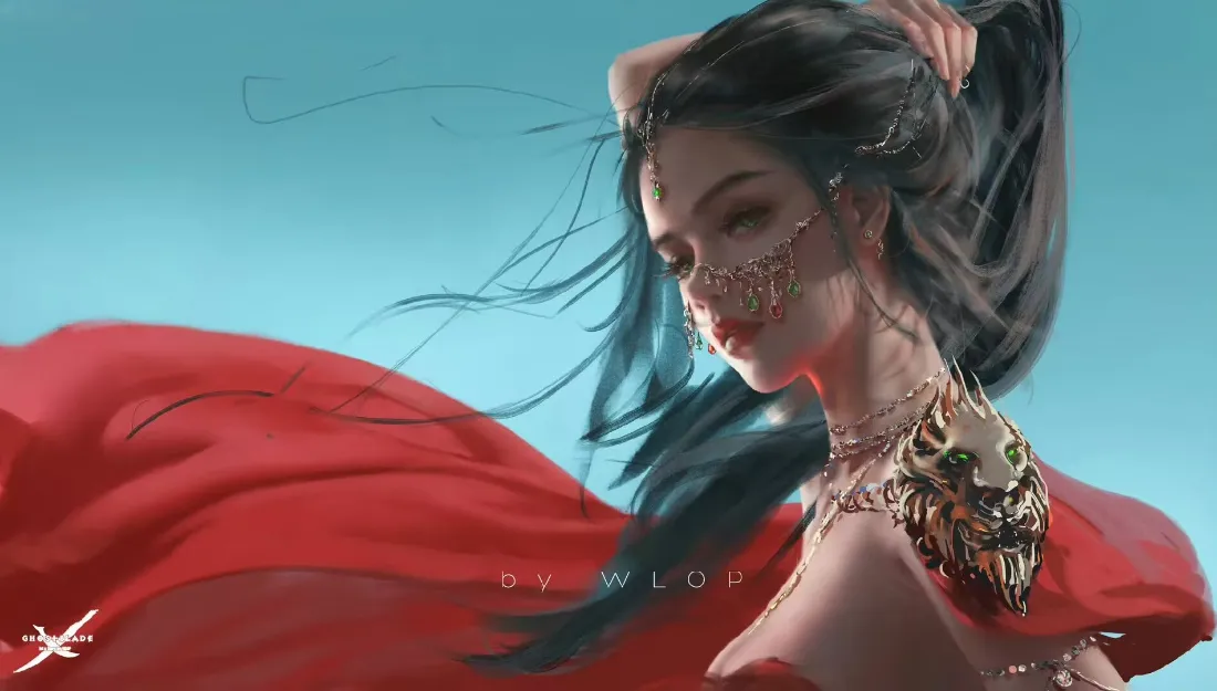 2kWLOP鬼刀风曳红衣少女壁纸 - 绝美背景「哲风壁纸」