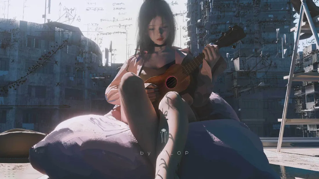 2kWLOP插画｜云虫月牙儿下的吉他少女「哲风壁纸」
