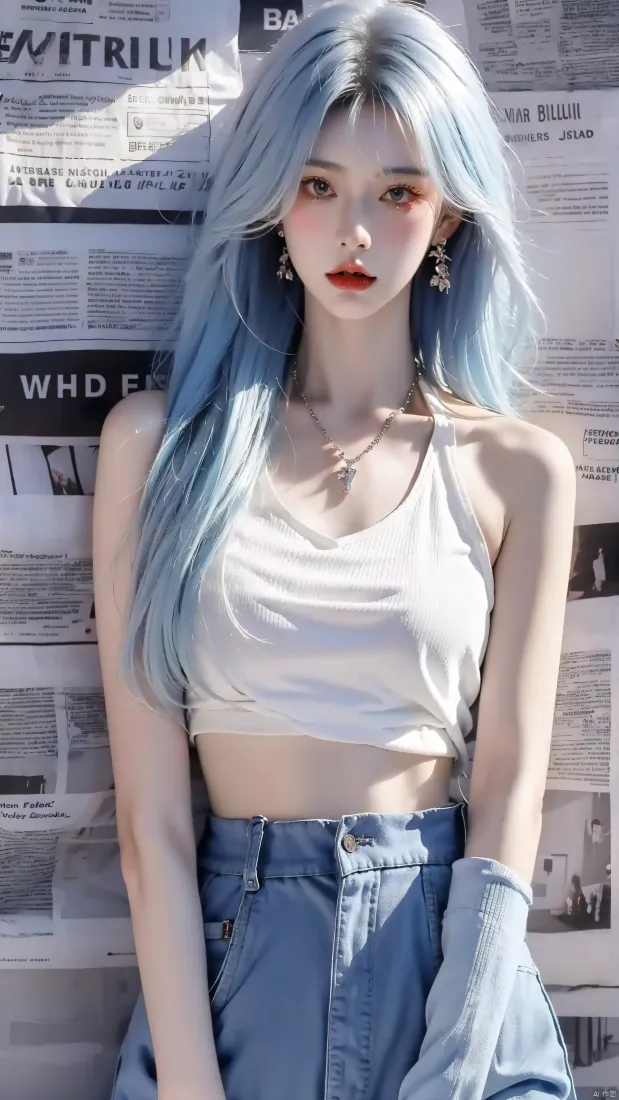 报纸墙少女手机壁纸｜超清手机背景图片 - 蓝发美女「哲风壁纸」