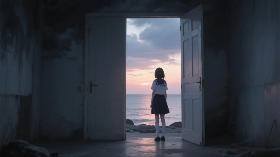 2kJK少女望着海报壁纸｜海边废屋背景图「哲风壁纸」